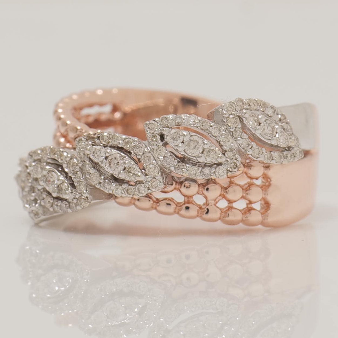 Marquise Leaf Band Ring, 14k Solid Gold, Natural Diamonds, Halo Stacking Ring, Beaded Band Ring, Statement Cocktail Band, Gift For Her