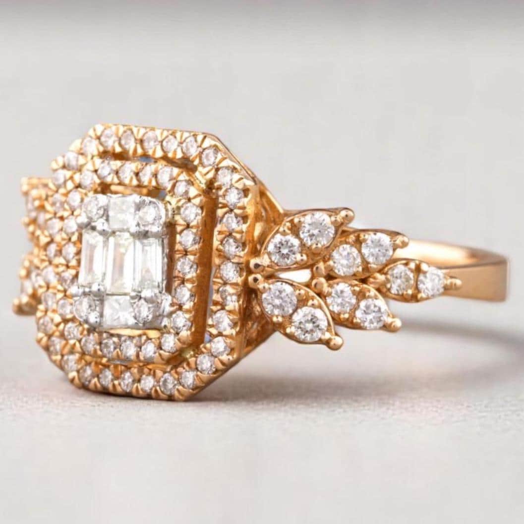 Emerald Cut Diamond Cluster Ring, 14k Solid Gold, Natural Diamonds, Illusion Set Ring, Double Halo Ring, Statement Bridal Ring, Gift For Her