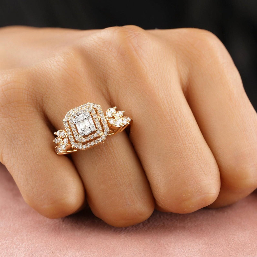 Emerald Cut Diamond Cluster Ring, 14k Solid Gold, Natural Diamonds, Illusion Set Ring, Double Halo Ring, Statement Bridal Ring, Gift For Her