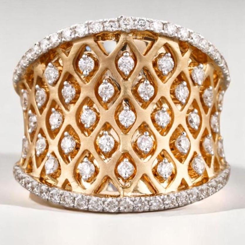 Diamond Cocktail Ring, 14K Solid Gold, Natural Diamonds, Concave Corset Ring, Broad Band with Matt Effect, Mesh Band Ring, Gift For Her