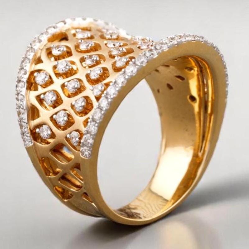 Diamond Cocktail Ring, 14K Solid Gold, Natural Diamonds, Concave Corset Ring, Broad Band with Matt Effect, Mesh Band Ring, Gift For Her