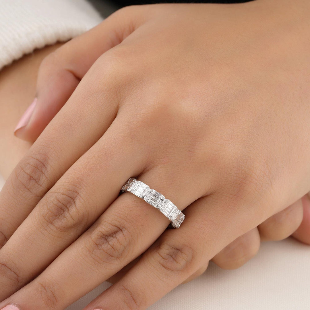 Emerald Illusion Wedding Ring, 14k Solid Gold, Baguette & Round Natural Diamonds, Stackable Eternity Band, Gift For Her
