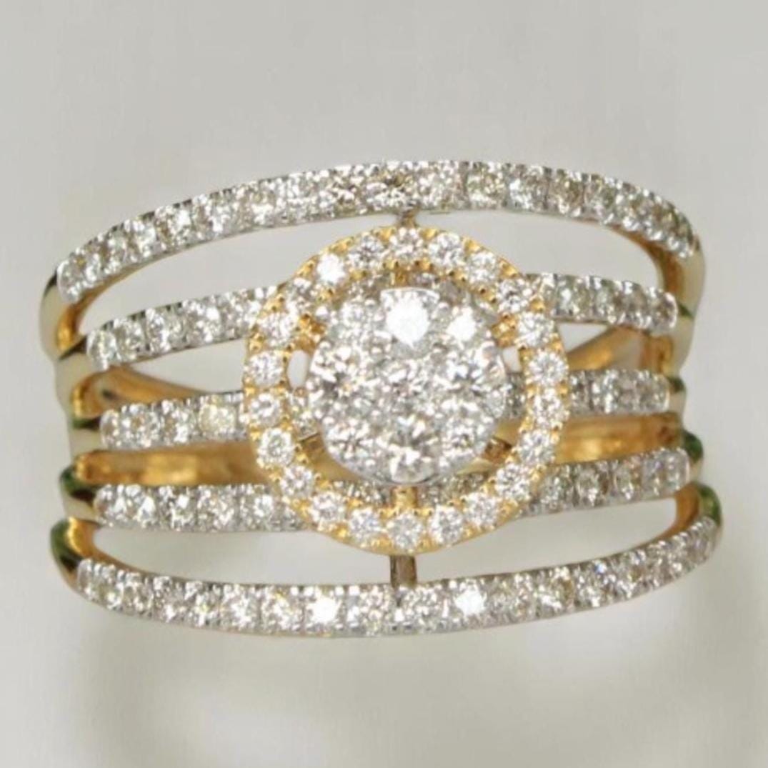 Halo Diamond Engagement Band Ring, 14k Solid Gold, Natural Diamond,  Illusion Set Multi-Row Wide Band, Cocktail Statement Ring, Gift For Her