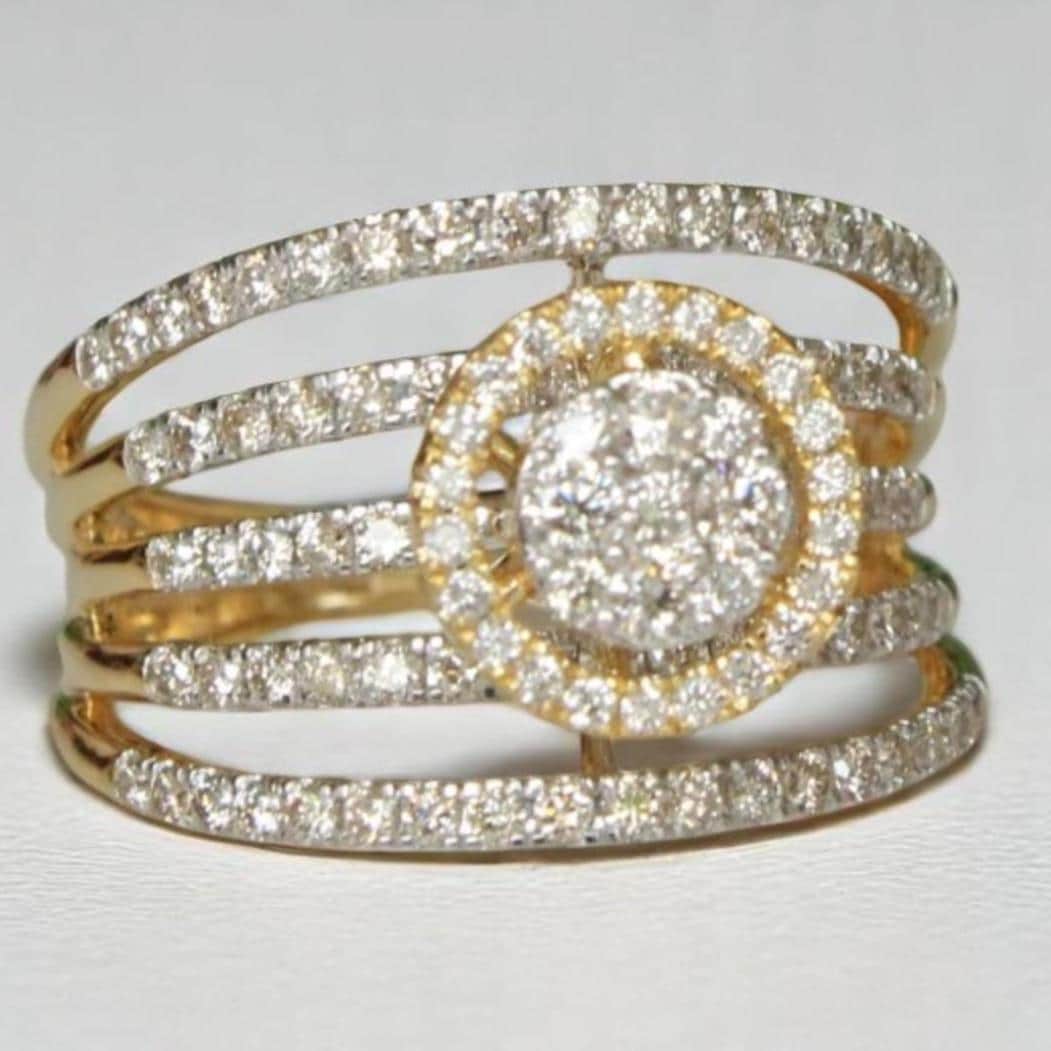 Halo Diamond Engagement Band Ring, 14k Solid Gold, Natural Diamond,  Illusion Set Multi-Row Wide Band, Cocktail Statement Ring, Gift For Her