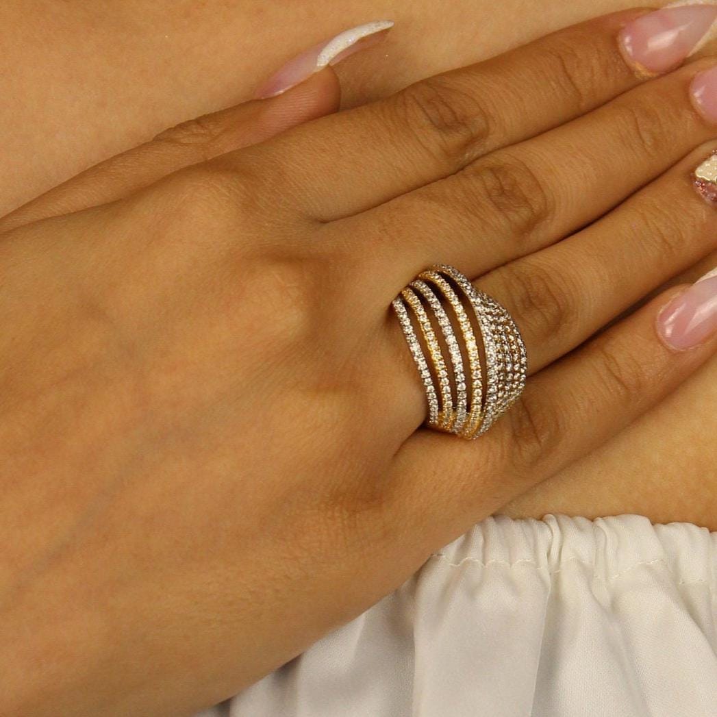 Diamond Wave Lines Band Ring, 14K Solid Gold, Natural Diamond, Two-toned Cocktail Ring, Multiple Lines  Statement Band, Gift For Her