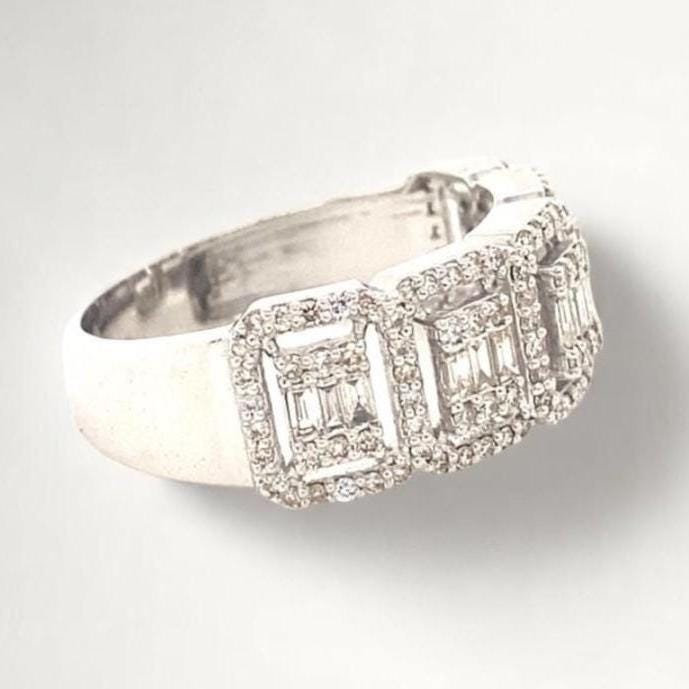 Halo Diamond Ring, 14k Solid Gold, Round & Baguette Natural Diamonds, Half Eternity Band, Illusion Set Ring, Wedding Ring, Gift For Her