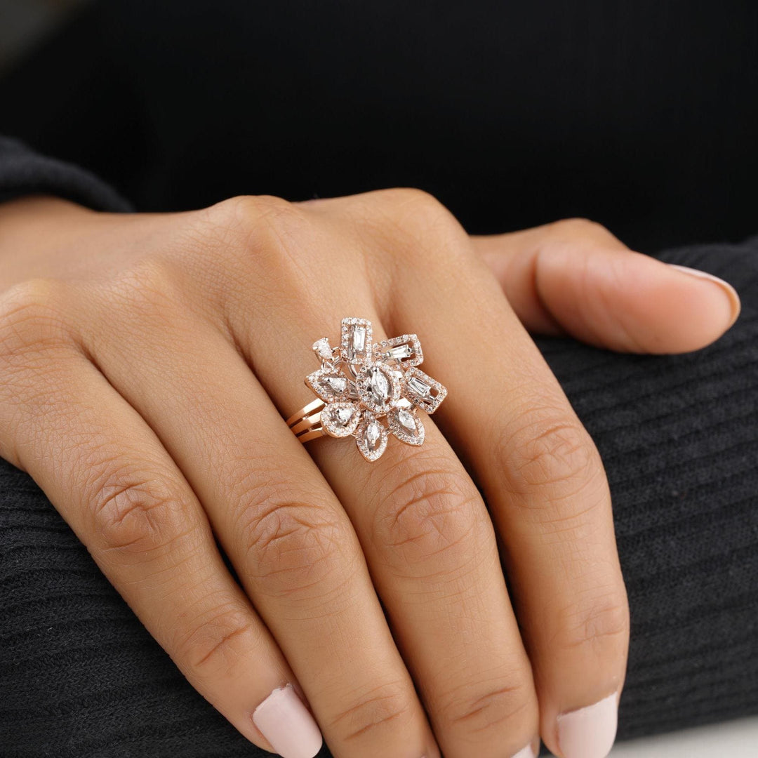 Floral Cocktail Diamond Ring, 14k Solid Gold, Natural Diamonds, Marquise & Pear Diamond, Statement Jewelry, Cocktail Halo Ring, Gift for her