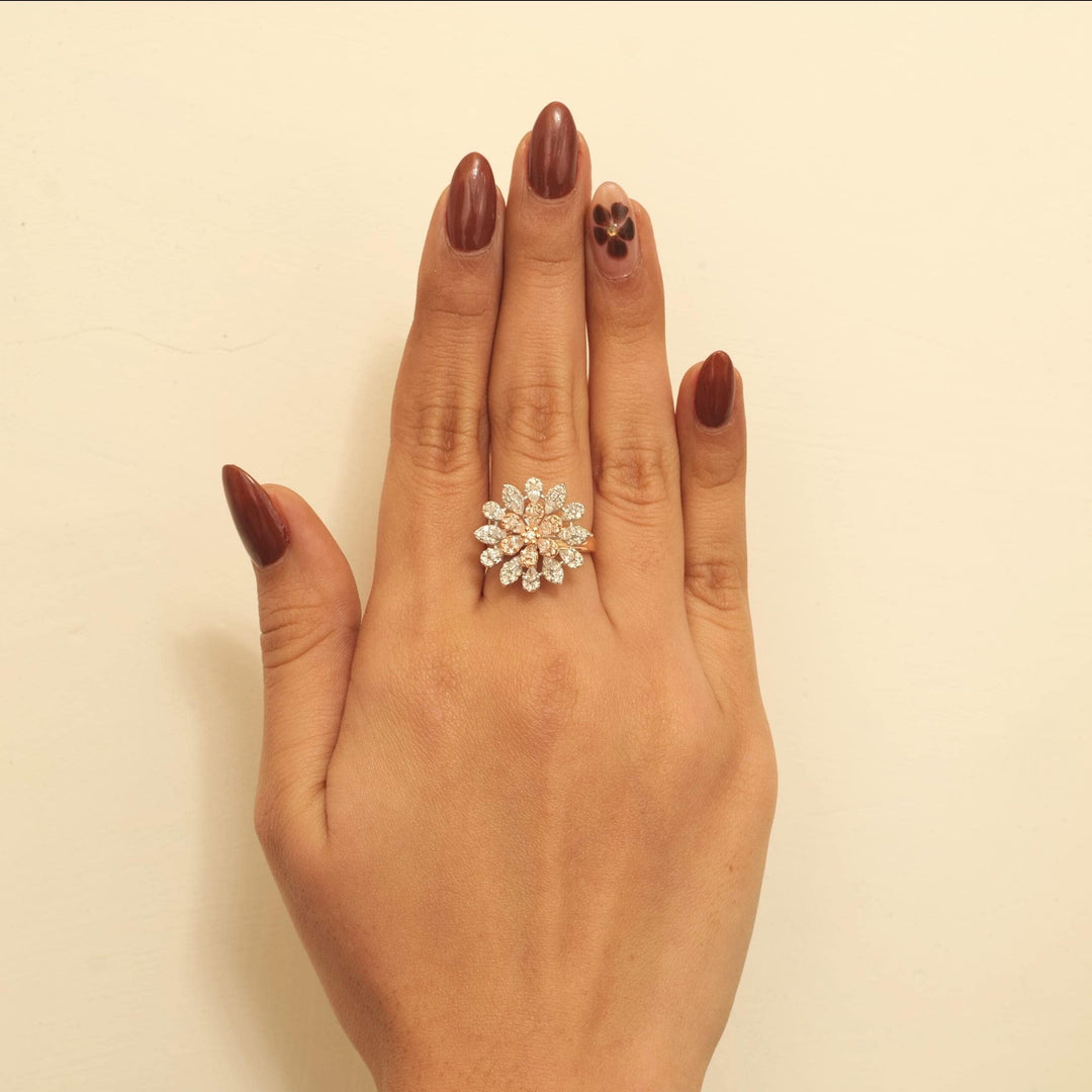 Flower Diamond Ring, 14k Solid Gold, Marquise & Pear Natural Diamonds, Statement Floral Ring, Cocktail Petal Bloom Jewelry, Gift for Her