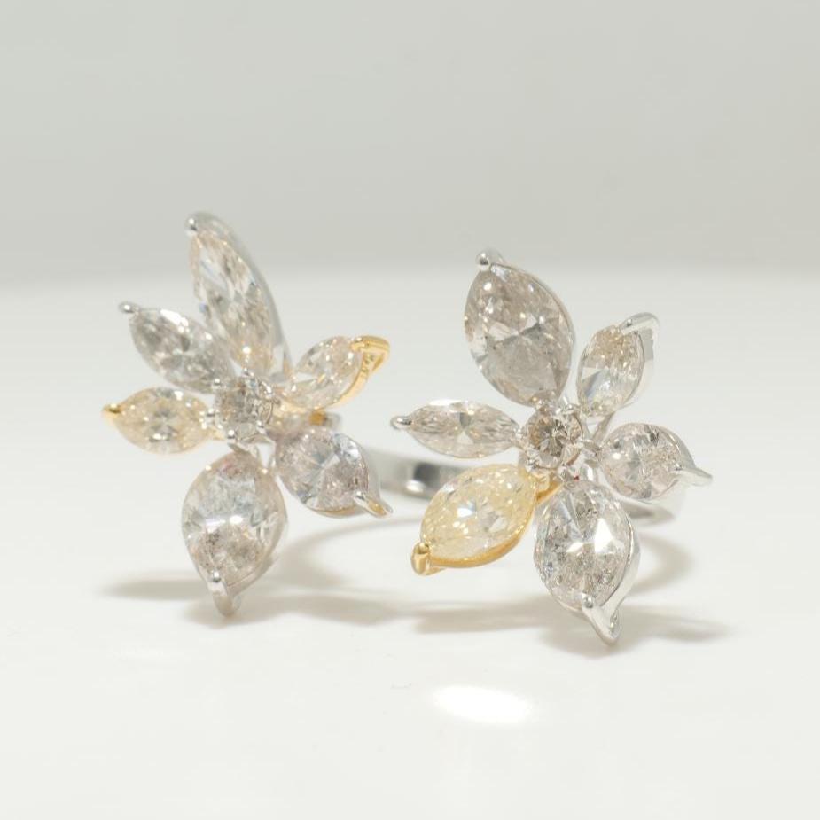 Floral Marquise Diamond Ring, 14K Solid Gold, Natural Diamonds, Cluster Open Cuff Ring, Cocktail Ring, Bold Statement Ring, Gift For Her