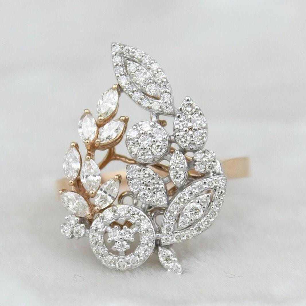 Leaves Cluster Natural Diamond Cocktail Ring: 14k Solid Gold Bridal Floral Jewellery, Certified Jewelry