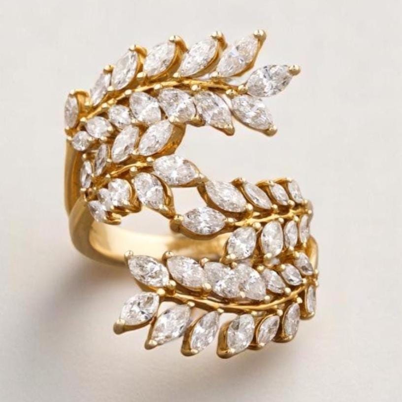 Marquise Branches & Leaves Diamond Ring, 14K Solid Gold, Open Wrap Around Ring, Natural Diamonds, Cocktail  Statement Ring, Gift For Her