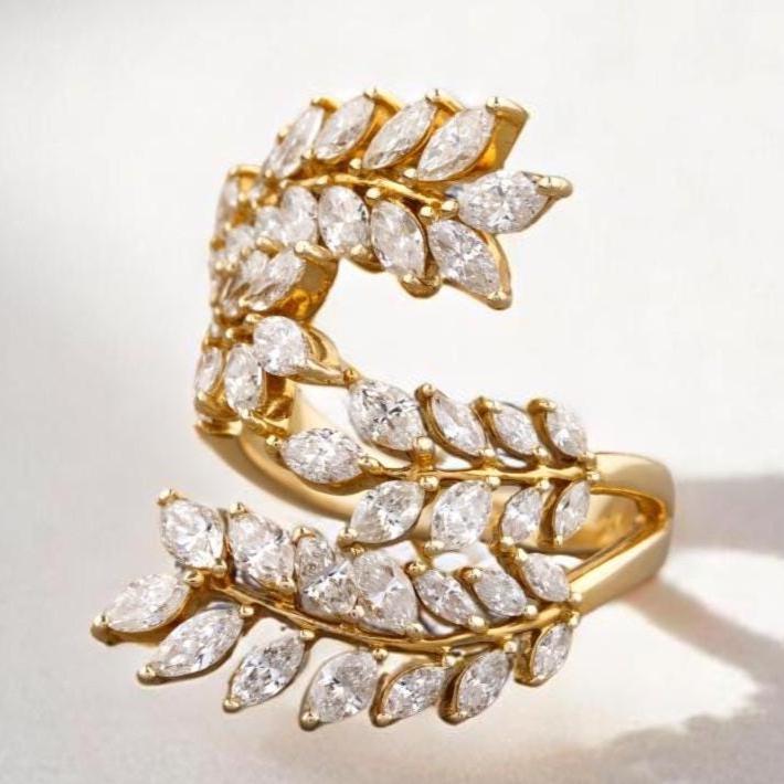 Marquise Branches & Leaves Diamond Ring, 14K Solid Gold, Open Wrap Around Ring, Natural Diamonds, Cocktail  Statement Ring, Gift For Her