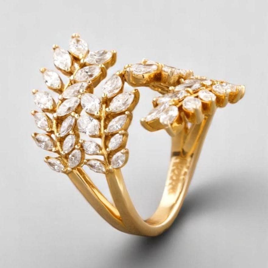 Marquise Branches & Leaves Diamond Ring, 14K Solid Gold, Open Wrap Around Ring, Natural Diamonds, Cocktail  Statement Ring, Gift For Her