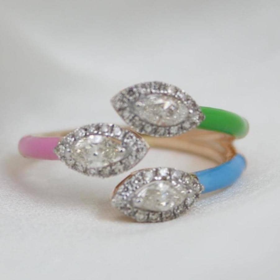 Three Stone Enamel Cuff Ring, 14k Solid Gold, Marquise & Round Natural Diamonds, Multicolor Stackable Open Split Shank Ring, Gift For Her