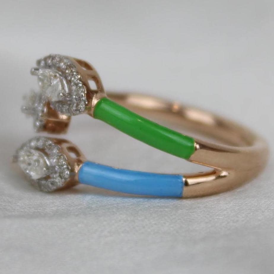 Three Stone Enamel Cuff Ring, 14k Solid Gold, Marquise & Round Natural Diamonds, Multicolor Stackable Open Split Shank Ring, Gift For Her