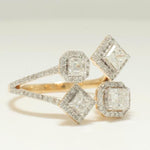 Load image into Gallery viewer, Diamond Open Cuff Ring, 14K Solid Gold, Quad Princess Cut Natural Diamonds, Halo Statement Ring, Proposal Cocktail Jewelry, Gift For Her
