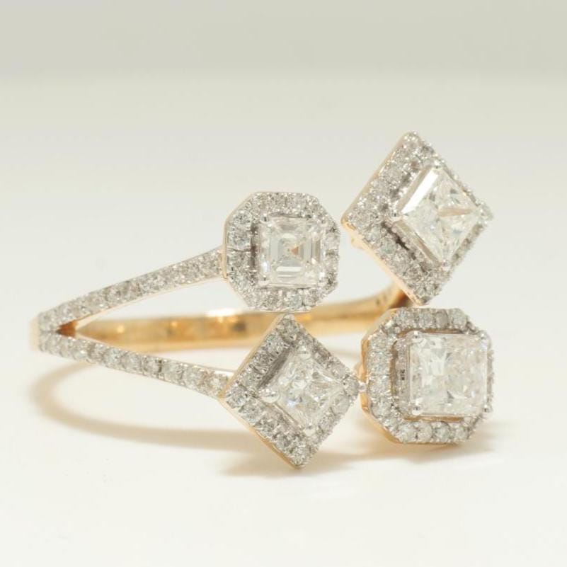 Diamond Open Cuff Ring, 14K Solid Gold, Quad Princess Cut Natural Diamonds, Halo Statement Ring, Proposal Cocktail Jewelry, Gift For Her