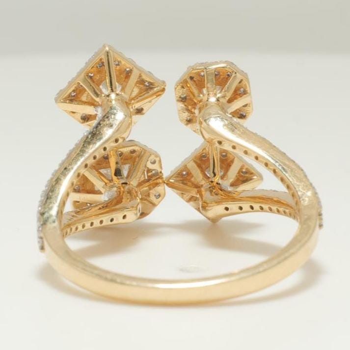 Diamond Open Cuff Ring, 14K Solid Gold, Quad Princess Cut Natural Diamonds, Halo Statement Ring, Proposal Cocktail Jewelry, Gift For Her