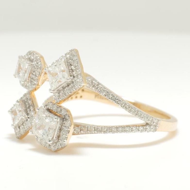 Diamond Open Cuff Ring, 14K Solid Gold, Quad Princess Cut Natural Diamonds, Halo Statement Ring, Proposal Cocktail Jewelry, Gift For Her