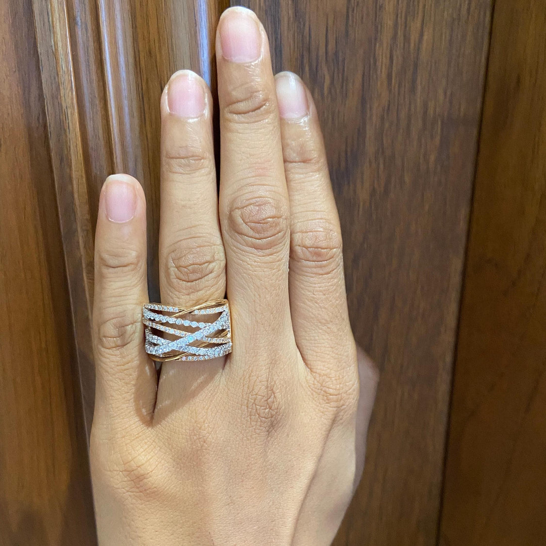 Intertwined Diamond Gold Band, 14k Solid Gold Ring, Natural Diamonds, Wide Cocktail Ring, Criss Cross Statement Ring, Gift For Her