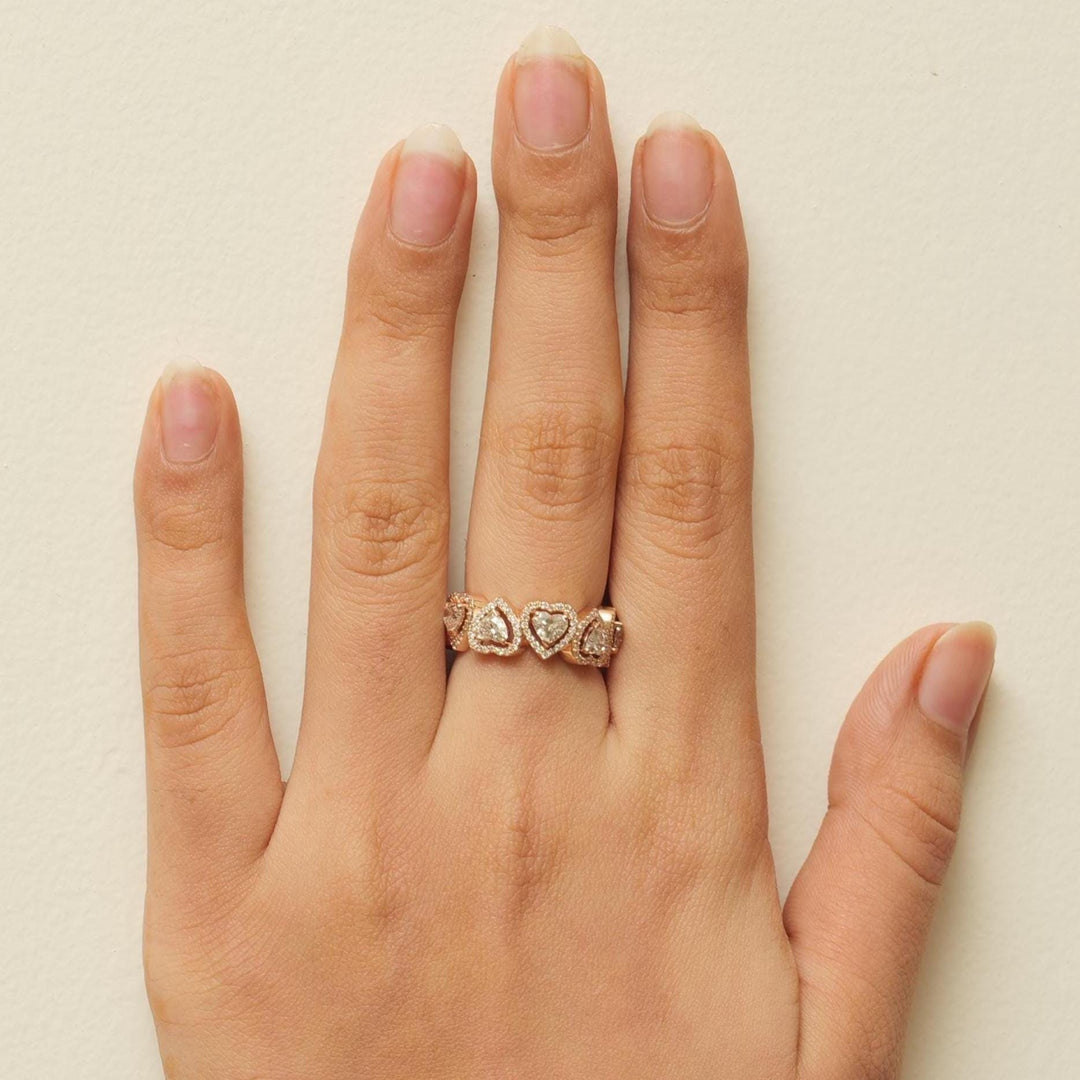 Halo Heart Diamond Eternity Ring, 14K Solid Gold, Cocktail Ring, Heart & Round Natural Diamonds, Wedding Band, Statement Band, Gift for Her