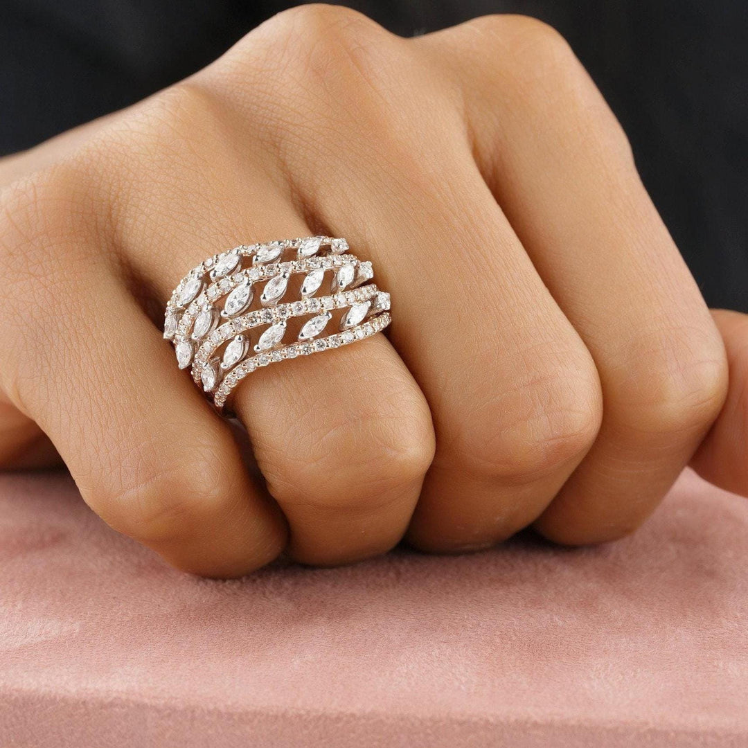 Marquise Diamond Wave Lines Band, Dual Tone Ring, 14K Solid Gold, Natural Diamonds, Statement Cocktail Band, Cluster Ring, Gift For Her