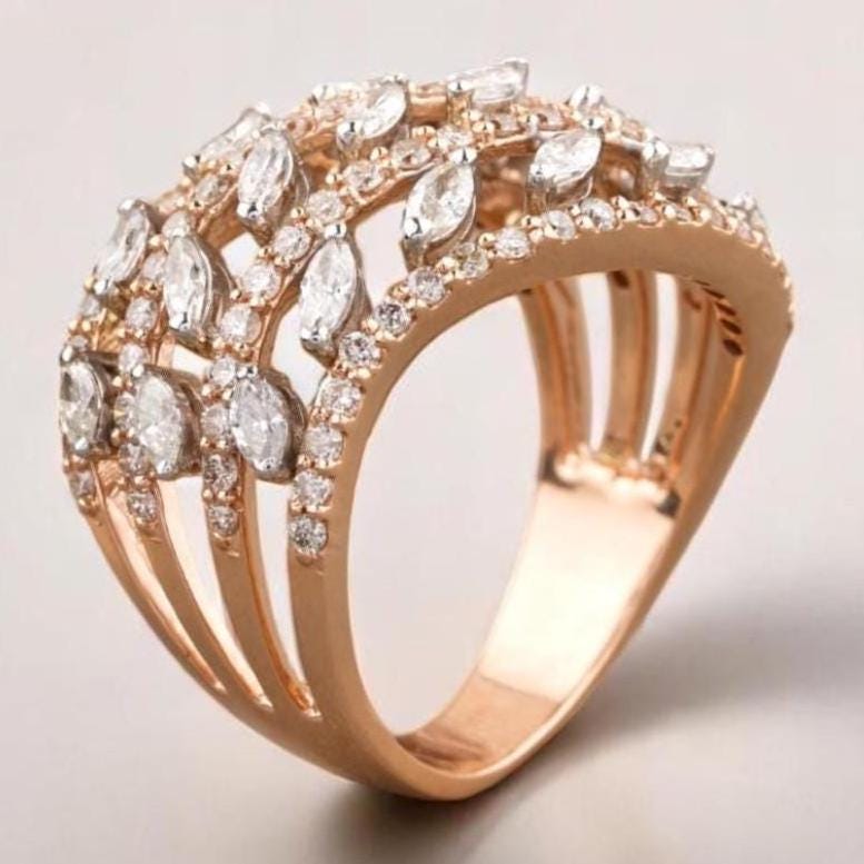 Marquise Diamond Wave Lines Band, Dual Tone Ring, 14K Solid Gold, Natural Diamonds, Statement Cocktail Band, Cluster Ring, Gift For Her