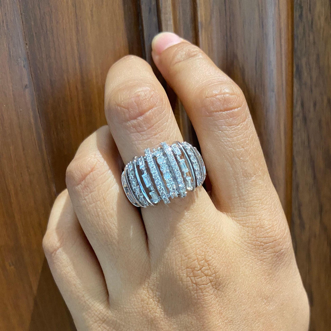 Dome Band Diamond Ring, 14k Solid Gold Ring, Baguette and Round Natural Diamonds, Half Eternity Band, Wide Cocktail Ring, Gift For Her