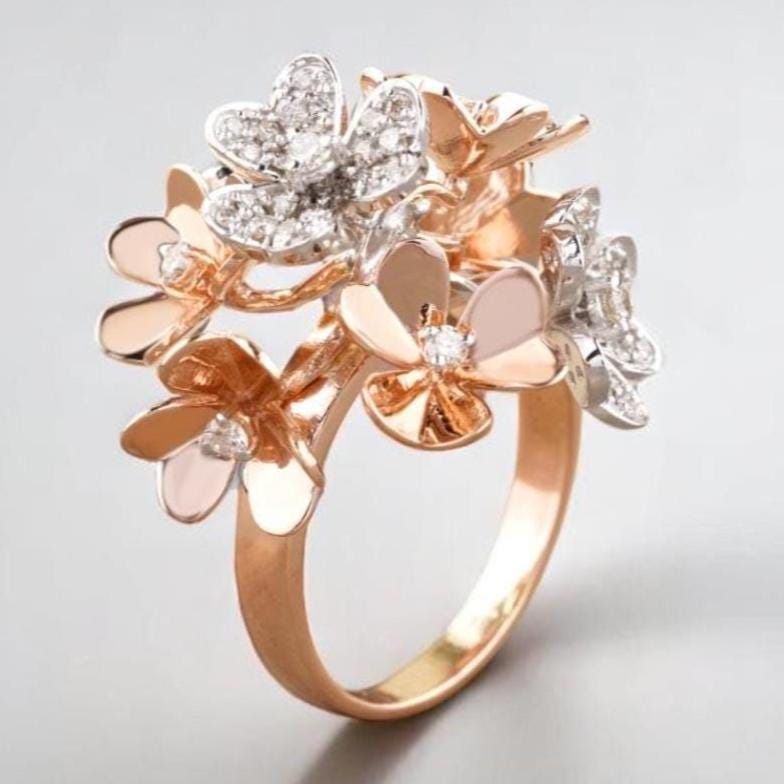 Flower Bunch Dual Tone Ring, 14k Solid Gold, Natural Diamonds, Gold Petals Flower Ring, Cocktail Ring, Floral Cluster Jewelry, Gift for her