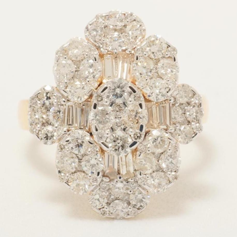 Flower Cluster Diamond Ring, 14k Solid Gold, Baguette Cocktail Ring, Natural Diamonds, Illusion Setting, Statement Jewelry, Gift For Her