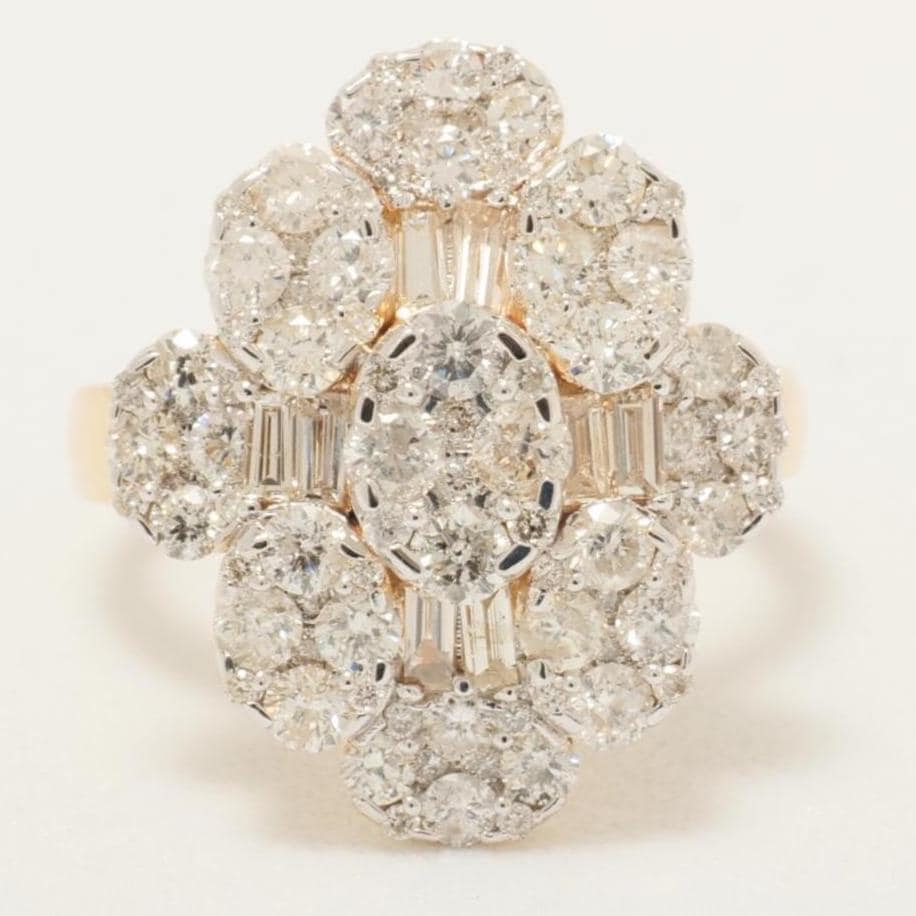 Flower Cluster Diamond Ring, 14k Solid Gold, Baguette Cocktail Ring, Natural Diamonds, Illusion Setting, Statement Jewelry, Gift For Her