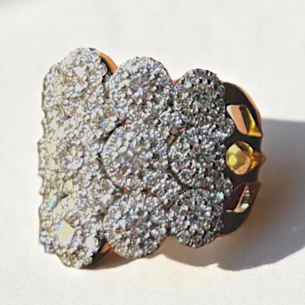 Floral Diamond Cocktail Ring, 14k Solid Gold, Natural Diamonds, Wide Gold Diamond Band, Cluster Statement Ring, Two Toned Ring, Gift For Her