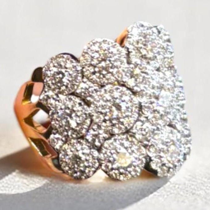 Floral Diamond Cocktail Ring, 14k Solid Gold, Natural Diamonds, Wide Gold Diamond Band, Cluster Statement Ring, Two Toned Ring, Gift For Her