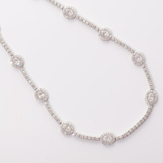 Oval Link Halo Diamond Necklace, 14k Solid Gold, Natural Diamond, Circle Station Chain Jewelry, Statement Necklace, Bridal Wedding Necklace