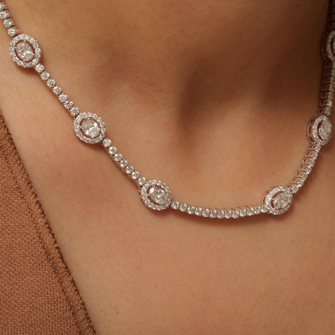 Oval Link Halo Diamond Necklace, 14k Solid Gold, Natural Diamond, Circle Station Chain Jewelry, Statement Necklace, Bridal Wedding Necklace