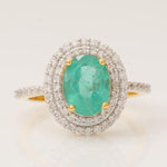 Load image into Gallery viewer, Oval Emerald Double Halo Diamond Ring, 14k Solid Gold, Natural Diamonds, Gemstone Statement Cocktail Jewelry, Engagement Wedding Ring
