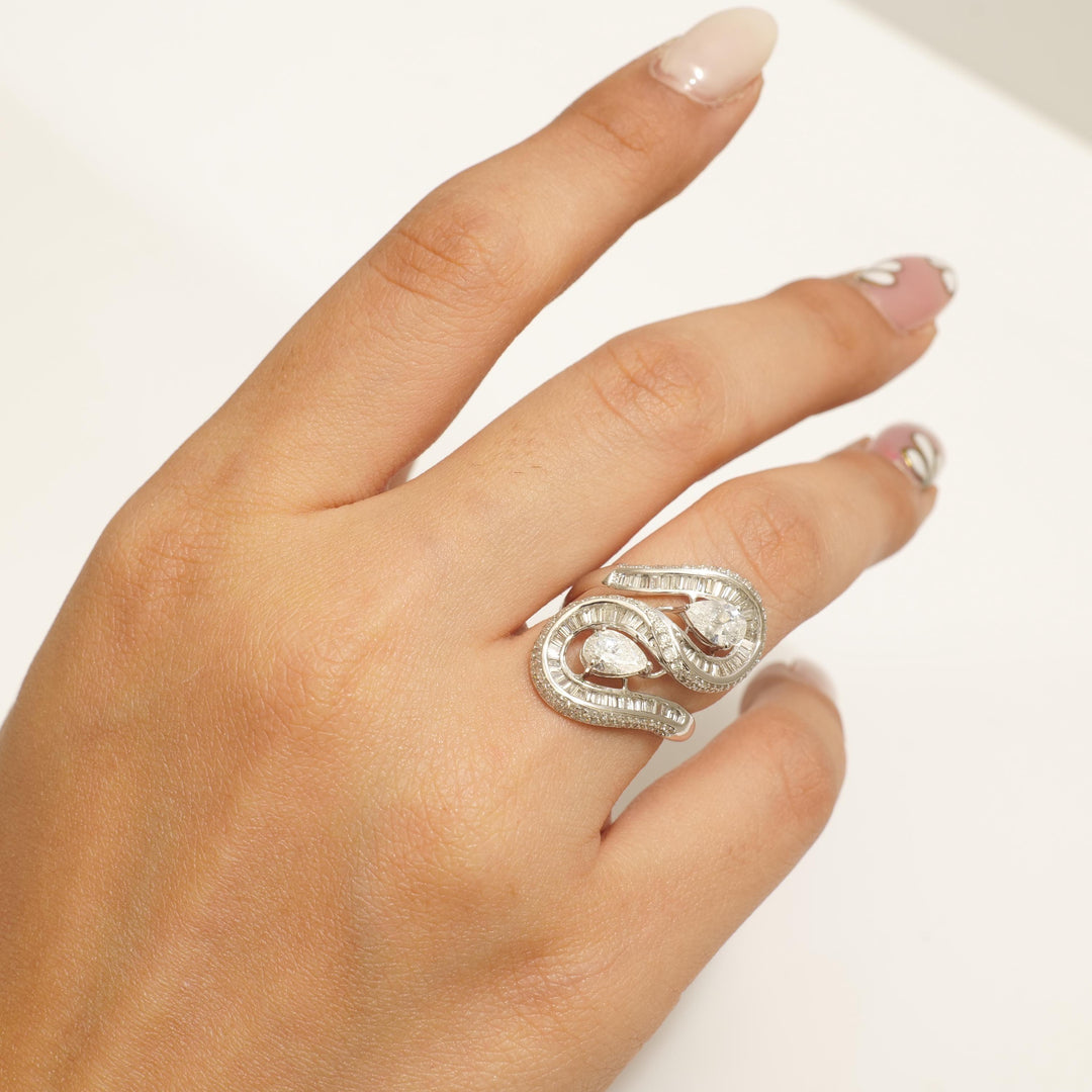 Pear Bypass Diamond Ring, 14k Solid Gold, Natural Diamond, Baguette Illusion Wide Band, Statement Cocktail Jewelry, Wrap Bridal Wedding Ring