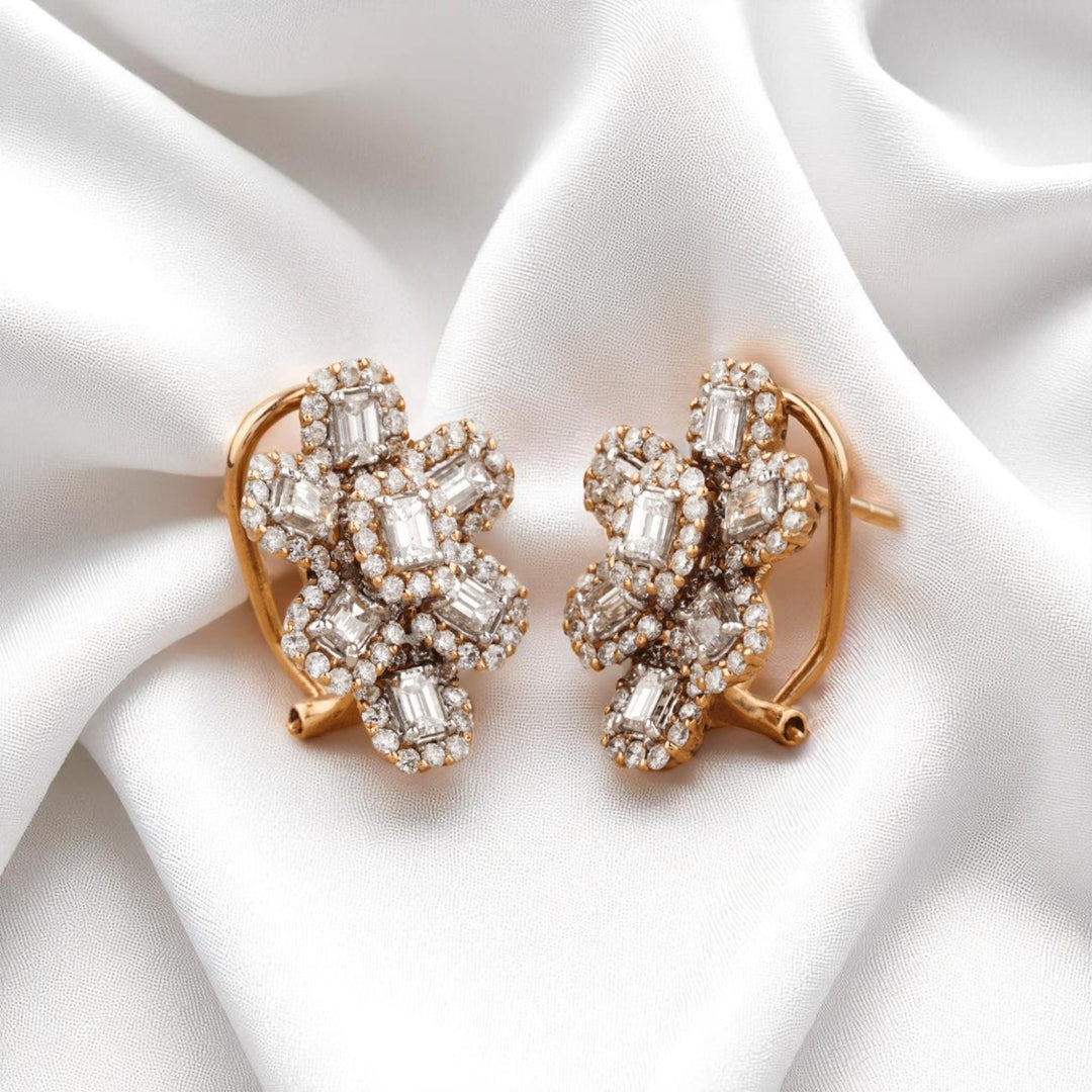 Flower Halo Diamond Huggie Earrings, 14k Solid Gold, Natural Diamonds, Cluster Baguette Cocktail Jewelry, Statement Wedding Earrings