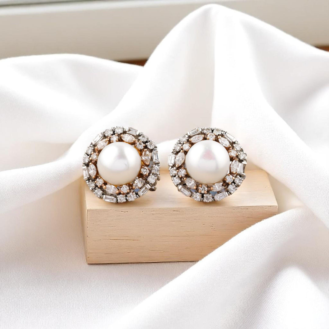 Pearl Diamond Halo Studs, 14K Solid Gold, Fancy Natural Diamonds, Bridal Wedding Earrings, Statement Cocktail Jewelry