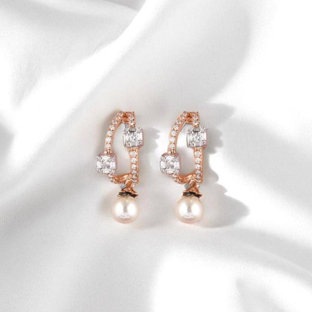 Pearl Drop Huggie Earrings, 14k Solid Gold, Natural Diamonds, Illusion Set Statement Jewelry, Bridal Cocktail Earrings