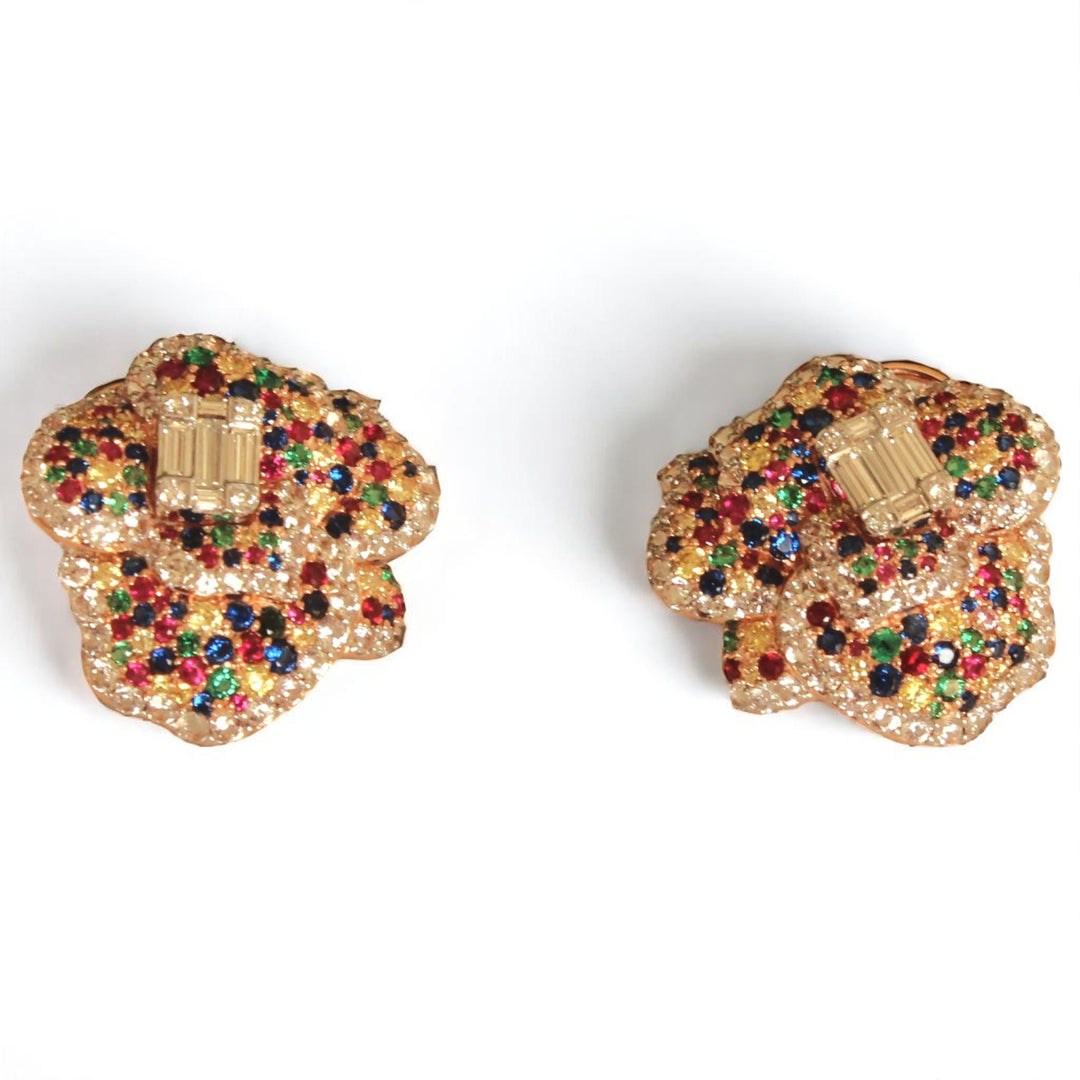Flower Rainbow Stud Earrings, 14k Solid Gold, Natural Diamonds, Multicolor Cocktail Jewelry, Bridal Wedding Earrings, Statement Party Studs