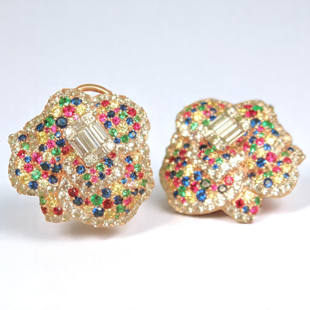 Flower Rainbow Stud Earrings, 14k Solid Gold, Natural Diamonds, Multicolor Cocktail Jewelry, Bridal Wedding Earrings, Statement Party Studs