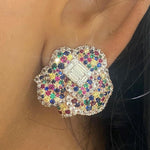 Load image into Gallery viewer, Flower Rainbow Stud Earrings, 14k Solid Gold, Natural Diamonds, Multicolor Cocktail Jewelry, Bridal Wedding Earrings, Statement Party Studs
