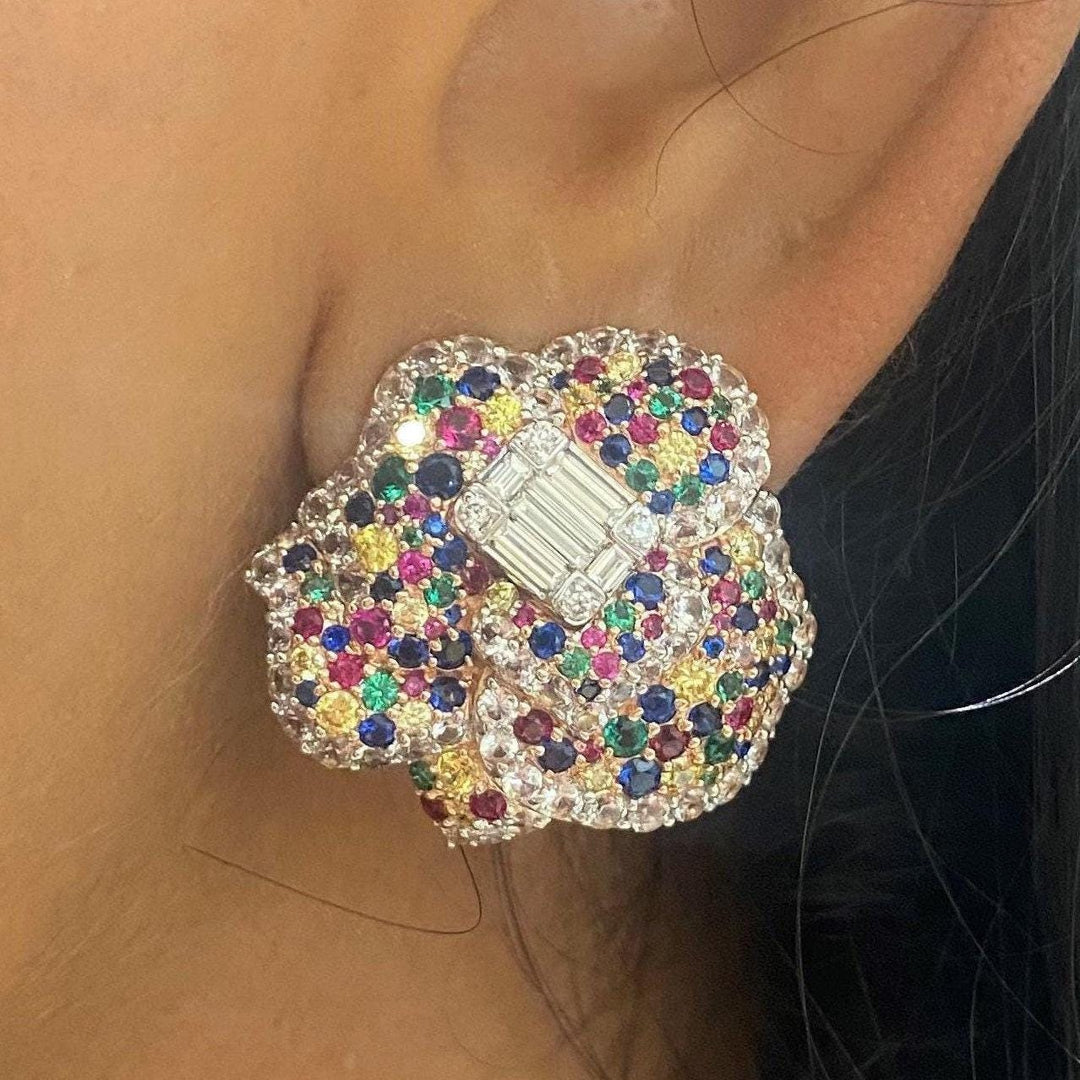 Flower Rainbow Stud Earrings, 14k Solid Gold, Natural Diamonds, Multicolor Cocktail Jewelry, Bridal Wedding Earrings, Statement Party Studs