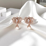 Load image into Gallery viewer, Lotus Pearl Drop Earrings, 14k Solid Gold, Natural Diamonds, White Topaz Gemstone Dangler, Statement Cocktail Earrings, Pear Bridal Jewelry
