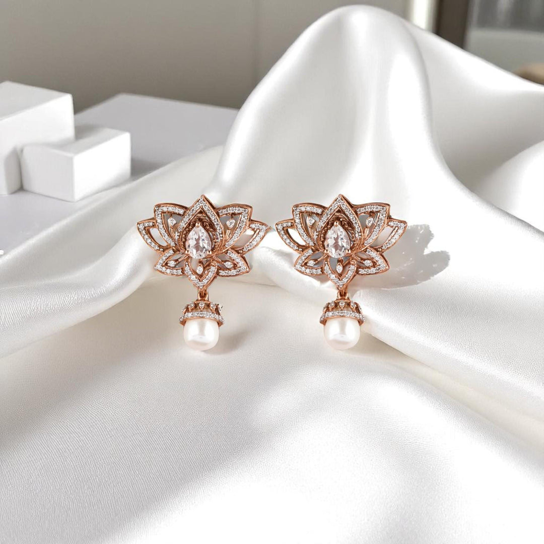 Lotus Pearl Drop Earrings, 14k Solid Gold, Natural Diamonds, White Topaz Gemstone Dangler, Statement Cocktail Earrings, Pear Bridal Jewelry