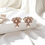 Load image into Gallery viewer, Lotus Pearl Drop Earrings, 14k Solid Gold, Natural Diamonds, White Topaz Gemstone Dangler, Statement Cocktail Earrings, Pear Bridal Jewelry
