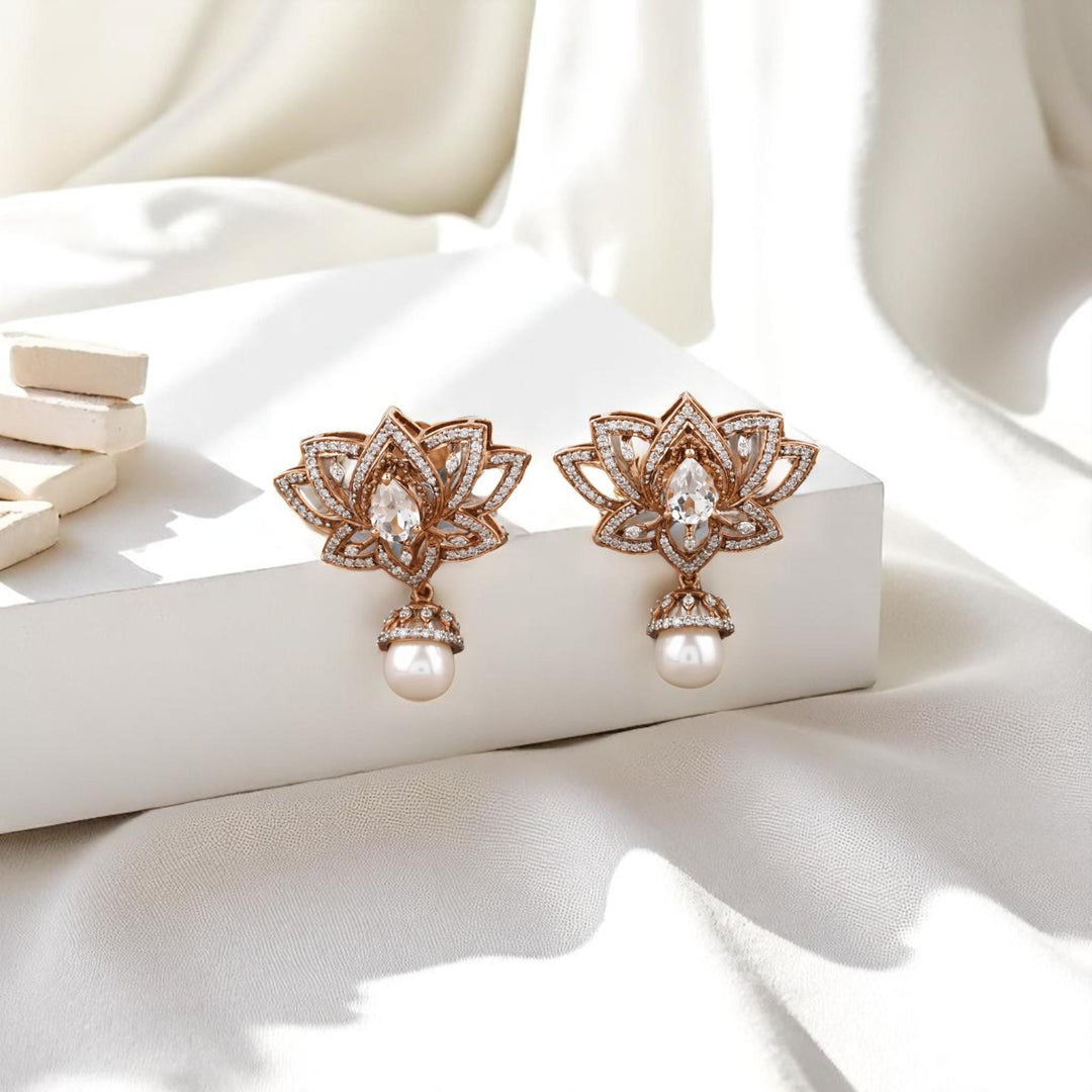 Lotus Pearl Drop Earrings, 14k Solid Gold, Natural Diamonds, White Topaz Gemstone Dangler, Statement Cocktail Earrings, Pear Bridal Jewelry