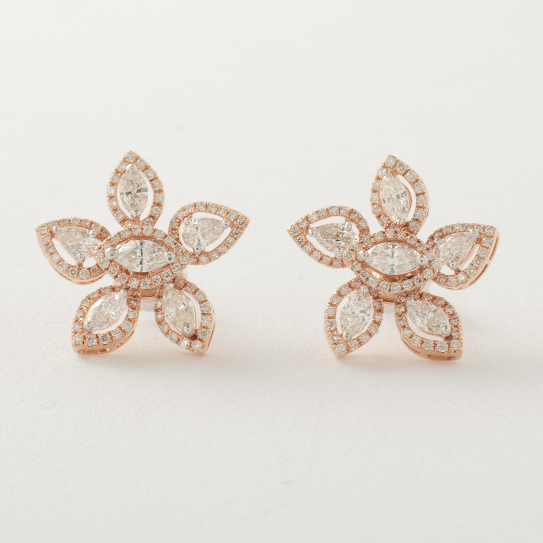 Floral Cluster Diamond Earrings, 14k Solid Gold, Natural Diamond, Marquise Pear Petal Jewelry, Halo Bridal Statement Studs, Cocktail Jewelry