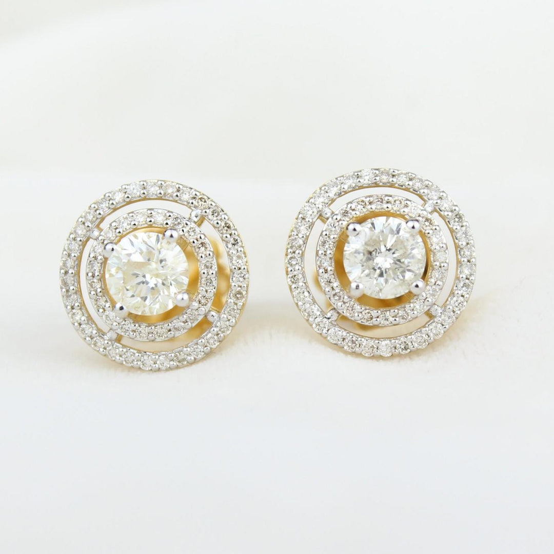 Double Halo Stud Solitaire Earrings, Natural Diamonds, 14k Solid Gold, Geometric Bridal Earrings, Statement Wedding Studs